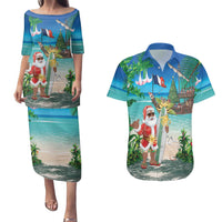 Mayotte Christmas Couples Matching Puletasi and Hawaiian Shirt Santa Chill on Tropical Beach - Wonder Print Shop