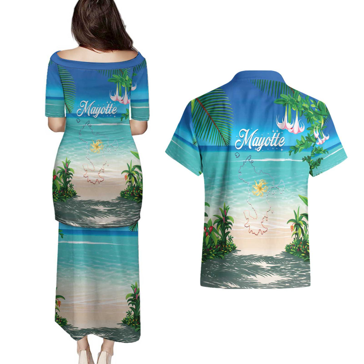 Mayotte Christmas Couples Matching Puletasi and Hawaiian Shirt Santa Chill on Tropical Beach - Wonder Print Shop