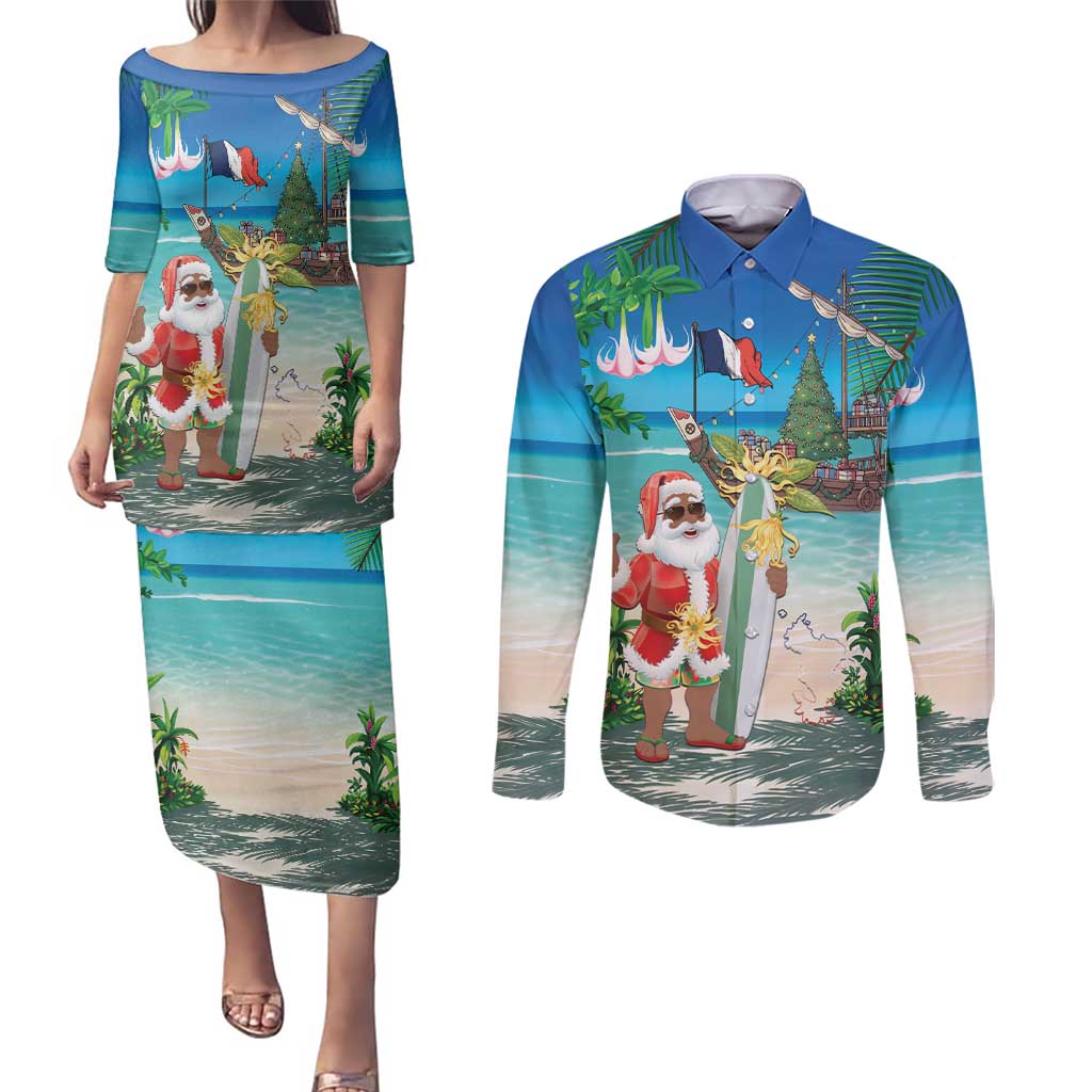 Mayotte Christmas Couples Matching Puletasi and Long Sleeve Button Shirt Santa Chill on Tropical Beach - Wonder Print Shop
