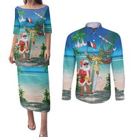 Mayotte Christmas Couples Matching Puletasi and Long Sleeve Button Shirt Santa Chill on Tropical Beach - Wonder Print Shop