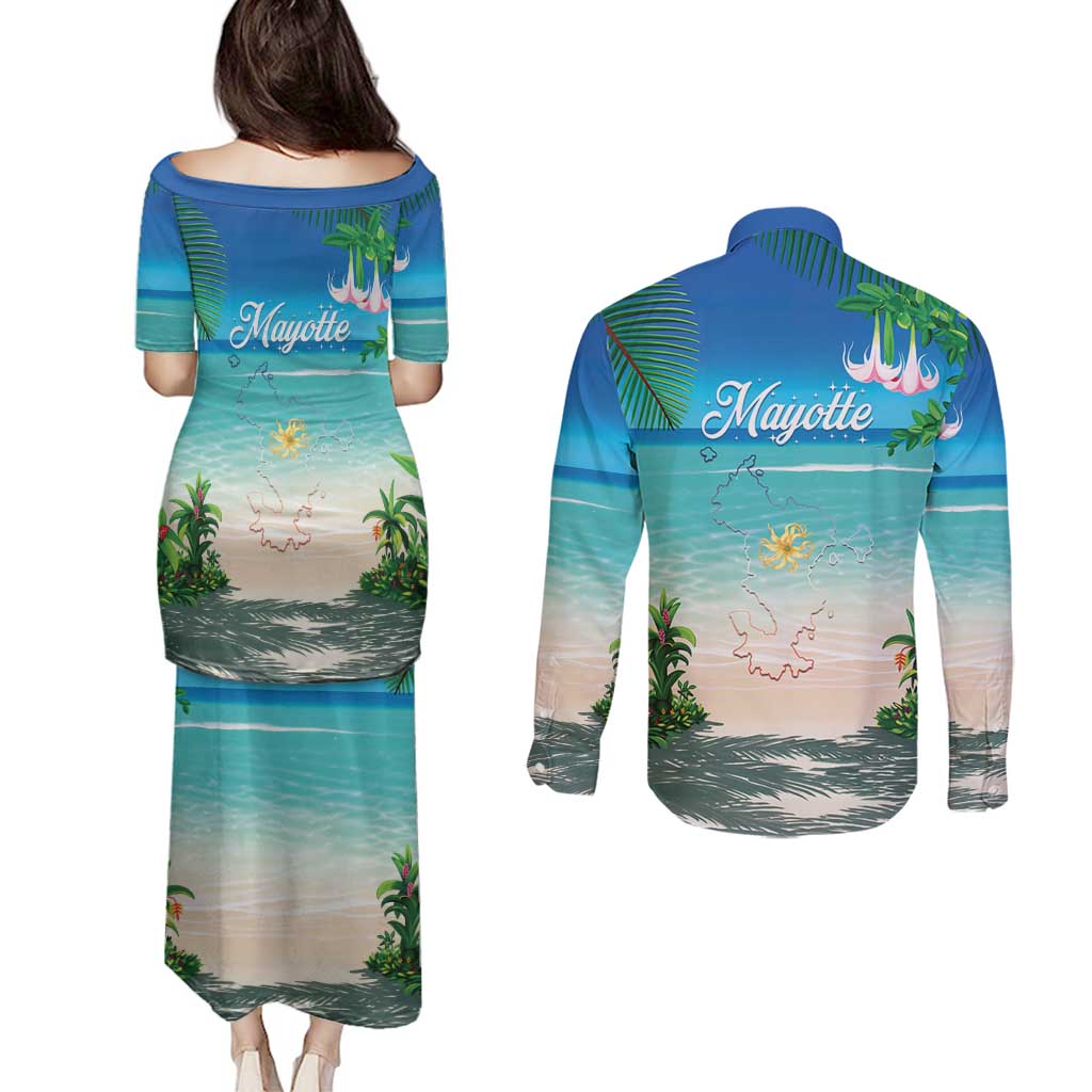 Mayotte Christmas Couples Matching Puletasi and Long Sleeve Button Shirt Santa Chill on Tropical Beach - Wonder Print Shop