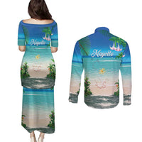 Mayotte Christmas Couples Matching Puletasi and Long Sleeve Button Shirt Santa Chill on Tropical Beach - Wonder Print Shop