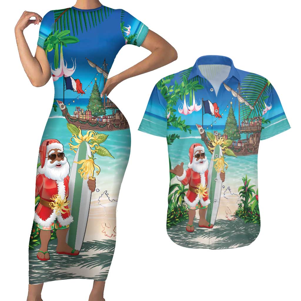 Mayotte Christmas Couples Matching Short Sleeve Bodycon Dress and Hawaiian Shirt Santa Chill on Tropical Beach - Wonder Print Shop