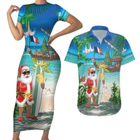 Mayotte Christmas Couples Matching Short Sleeve Bodycon Dress and Hawaiian Shirt Santa Chill on Tropical Beach - Wonder Print Shop