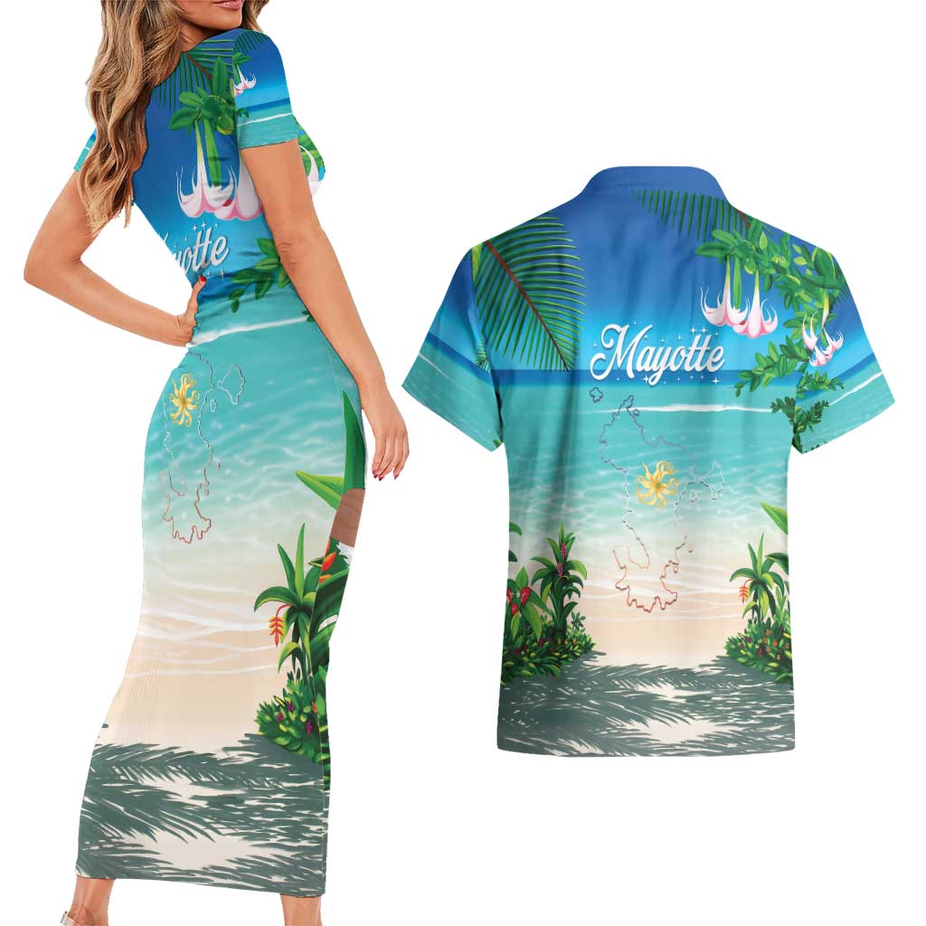 Mayotte Christmas Couples Matching Short Sleeve Bodycon Dress and Hawaiian Shirt Santa Chill on Tropical Beach - Wonder Print Shop