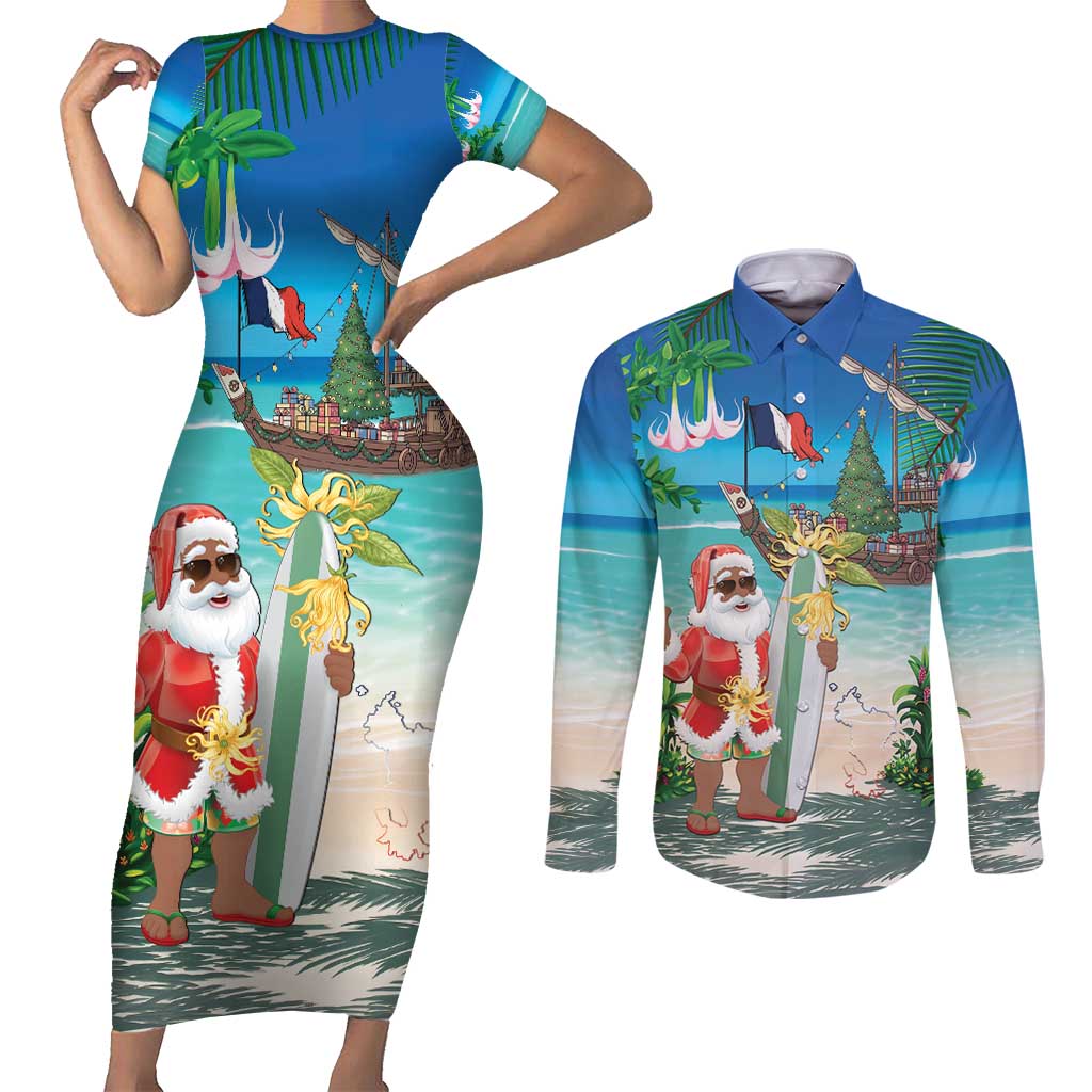 Mayotte Christmas Couples Matching Short Sleeve Bodycon Dress and Long Sleeve Button Shirt Santa Chill on Tropical Beach - Wonder Print Shop