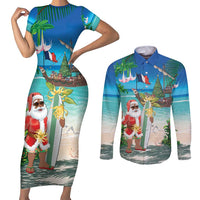 Mayotte Christmas Couples Matching Short Sleeve Bodycon Dress and Long Sleeve Button Shirt Santa Chill on Tropical Beach - Wonder Print Shop