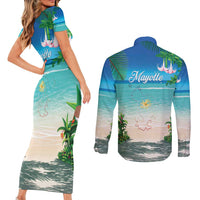 Mayotte Christmas Couples Matching Short Sleeve Bodycon Dress and Long Sleeve Button Shirt Santa Chill on Tropical Beach - Wonder Print Shop