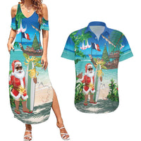Mayotte Christmas Couples Matching Summer Maxi Dress and Hawaiian Shirt Santa Chill on Tropical Beach - Wonder Print Shop