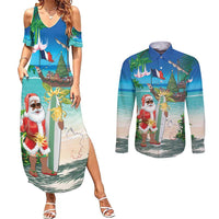 Mayotte Christmas Couples Matching Summer Maxi Dress and Long Sleeve Button Shirt Santa Chill on Tropical Beach - Wonder Print Shop