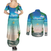 Mayotte Christmas Couples Matching Summer Maxi Dress and Long Sleeve Button Shirt Santa Chill on Tropical Beach - Wonder Print Shop