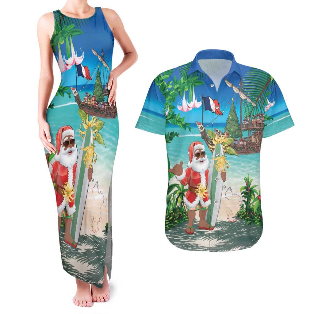 Mayotte Christmas Couples Matching Tank Maxi Dress and Hawaiian Shirt Santa Chill on Tropical Beach - Wonder Print Shop