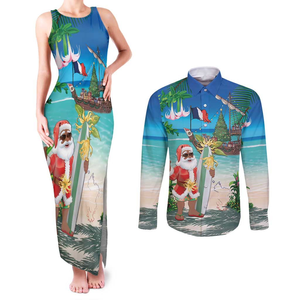 Mayotte Christmas Couples Matching Tank Maxi Dress and Long Sleeve Button Shirt Santa Chill on Tropical Beach - Wonder Print Shop