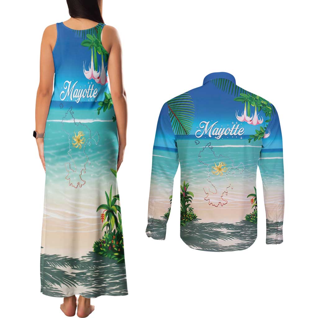 Mayotte Christmas Couples Matching Tank Maxi Dress and Long Sleeve Button Shirt Santa Chill on Tropical Beach - Wonder Print Shop