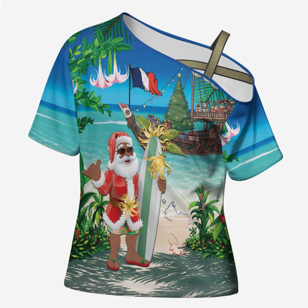 Mayotte Christmas Cross Shoulder Shirt Santa Chill on Tropical Beach - Wonder Print Shop