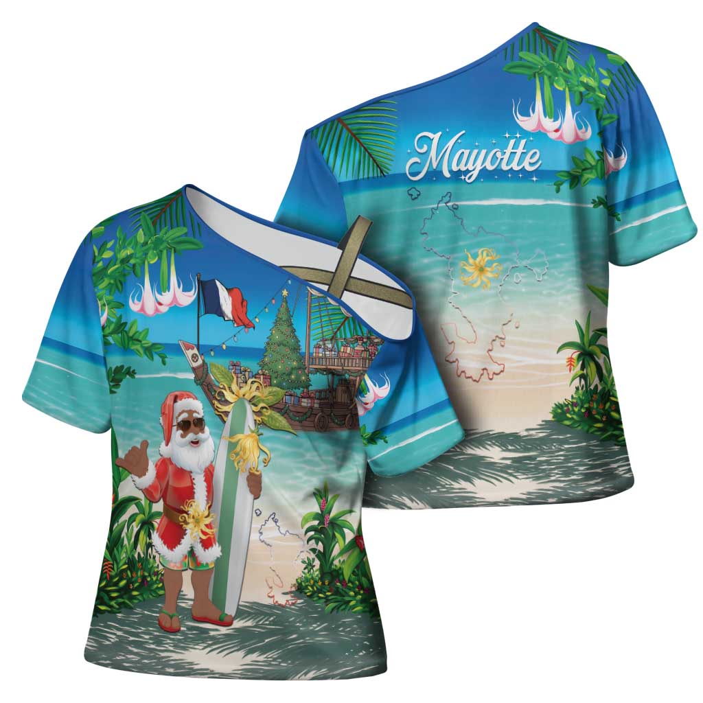 Mayotte Christmas Cross Shoulder Shirt Santa Chill on Tropical Beach - Wonder Print Shop