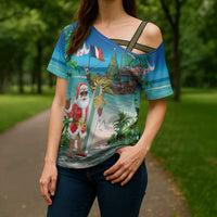 Mayotte Christmas Cross Shoulder Shirt Santa Chill on Tropical Beach - Wonder Print Shop