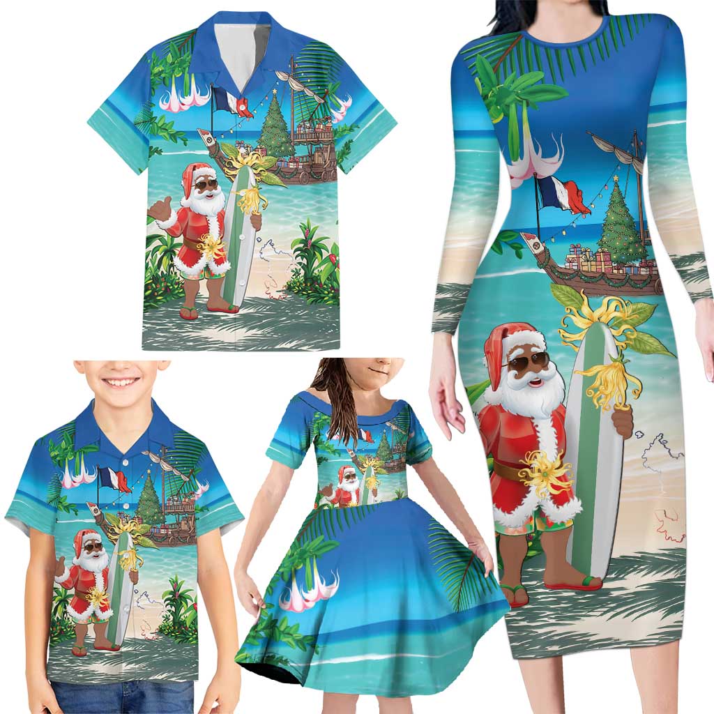 Mayotte Christmas Family Matching Long Sleeve Bodycon Dress and Hawaiian Shirt Santa Chill on Tropical Beach - Wonder Print Shop