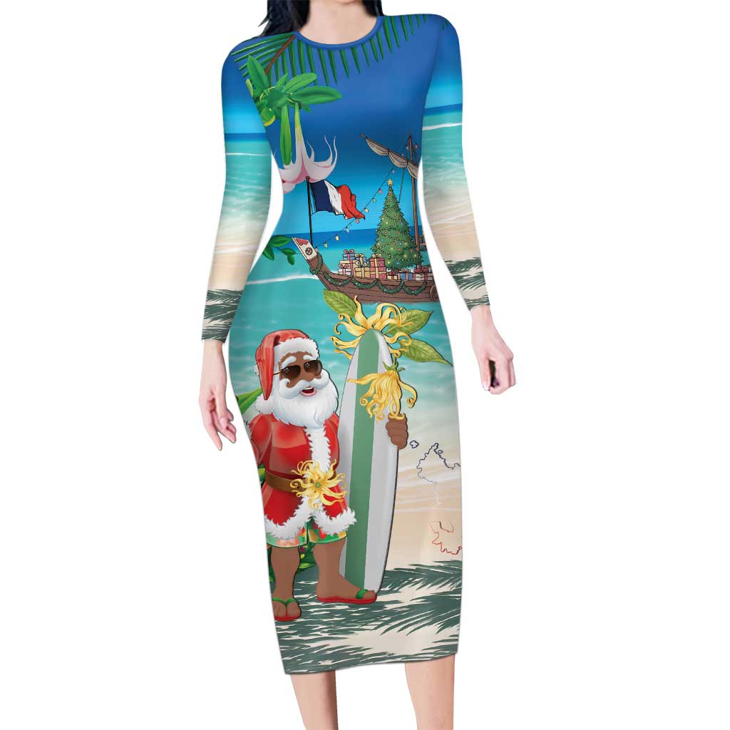 Mayotte Christmas Family Matching Long Sleeve Bodycon Dress and Hawaiian Shirt Santa Chill on Tropical Beach - Wonder Print Shop