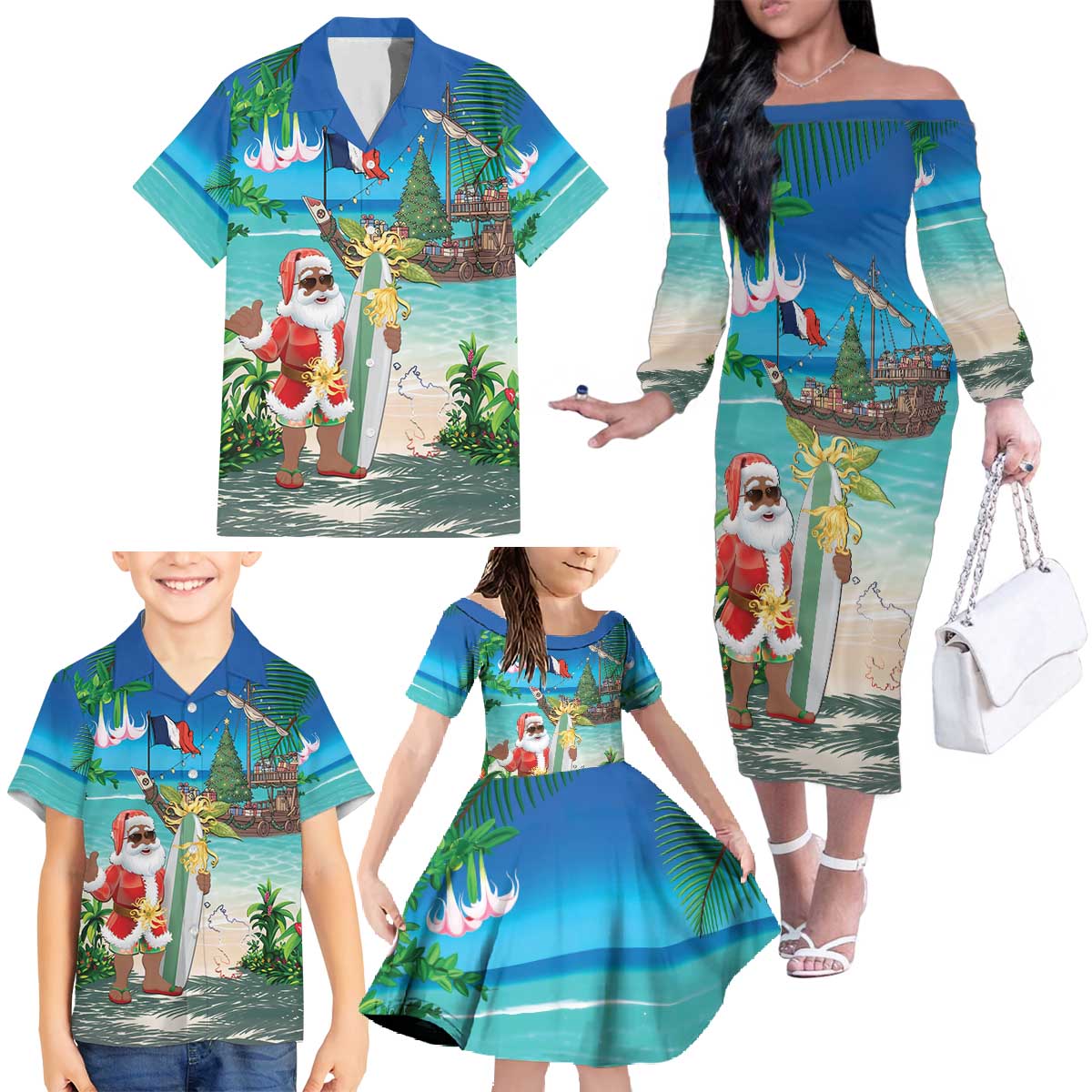 Mayotte Christmas Family Matching Off The Shoulder Long Sleeve Dress and Hawaiian Shirt Santa Chill on Tropical Beach - Wonder Print Shop