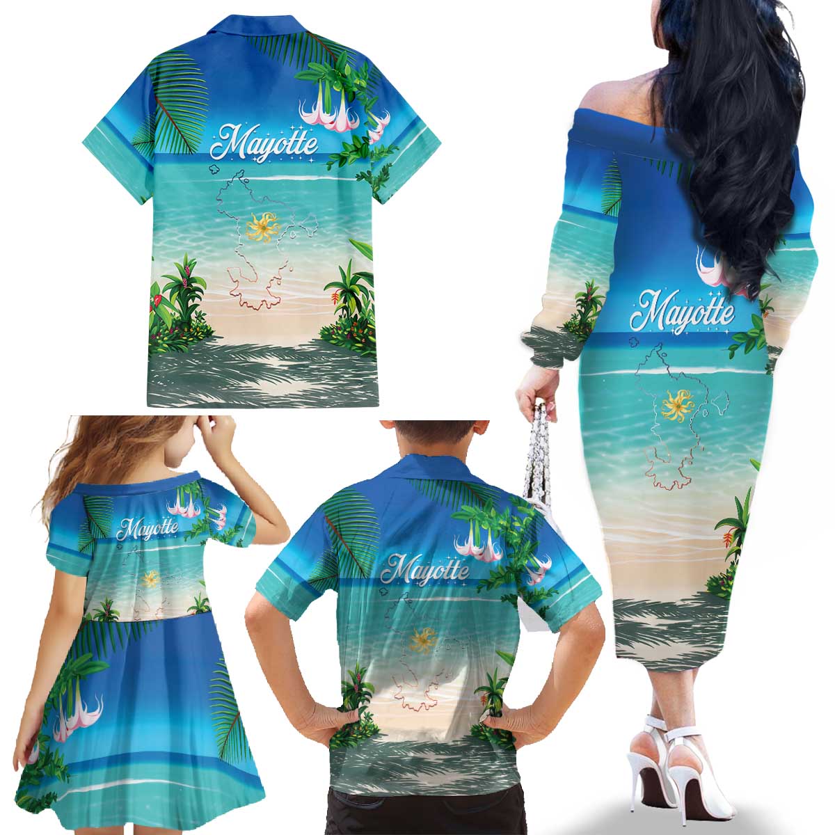 Mayotte Christmas Family Matching Off The Shoulder Long Sleeve Dress and Hawaiian Shirt Santa Chill on Tropical Beach - Wonder Print Shop