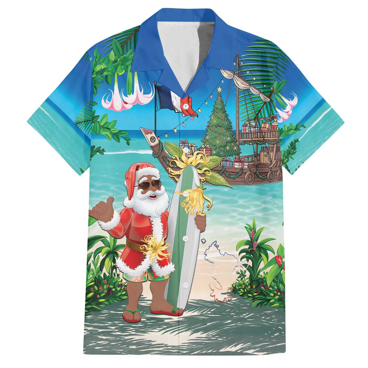 Mayotte Christmas Family Matching Off The Shoulder Long Sleeve Dress and Hawaiian Shirt Santa Chill on Tropical Beach - Wonder Print Shop