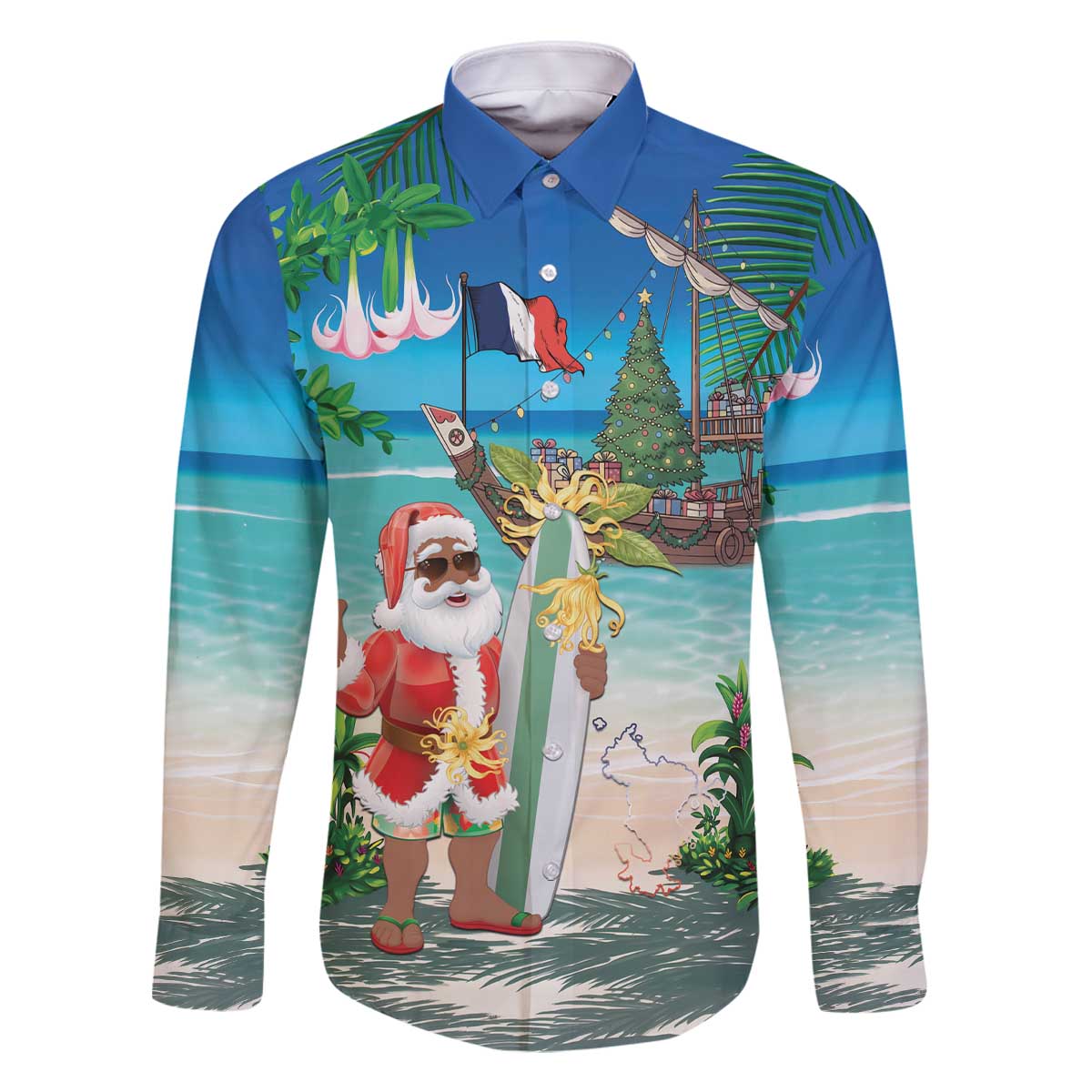 Mayotte Christmas Family Matching Off The Shoulder Long Sleeve Dress and Hawaiian Shirt Santa Chill on Tropical Beach - Wonder Print Shop