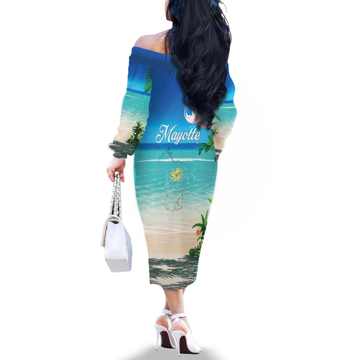 Mayotte Christmas Family Matching Off The Shoulder Long Sleeve Dress and Hawaiian Shirt Santa Chill on Tropical Beach - Wonder Print Shop