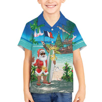 Mayotte Christmas Family Matching Off The Shoulder Long Sleeve Dress and Hawaiian Shirt Santa Chill on Tropical Beach - Wonder Print Shop