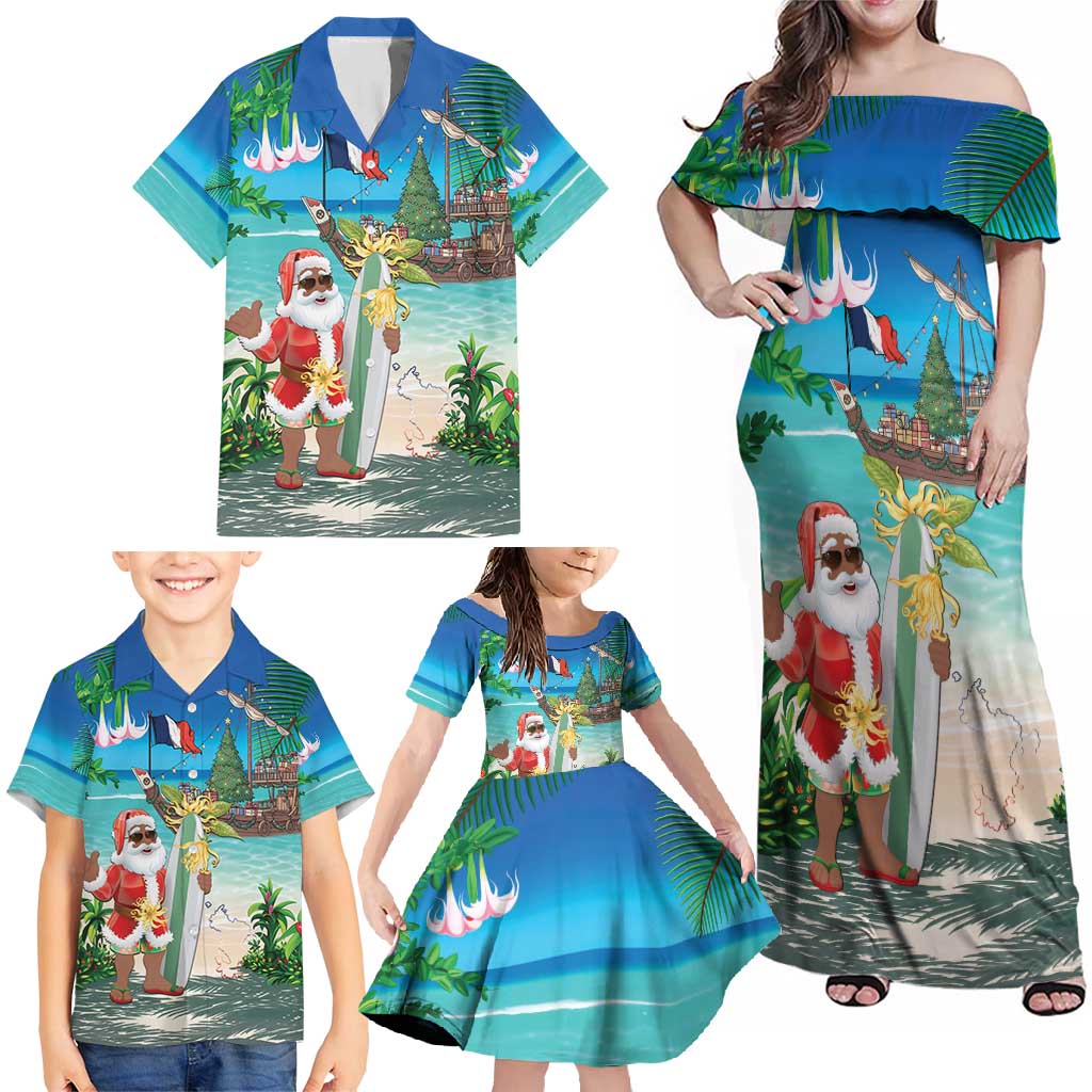 Mayotte Christmas Family Matching Off Shoulder Maxi Dress and Hawaiian Shirt Santa Chill on Tropical Beach - Wonder Print Shop