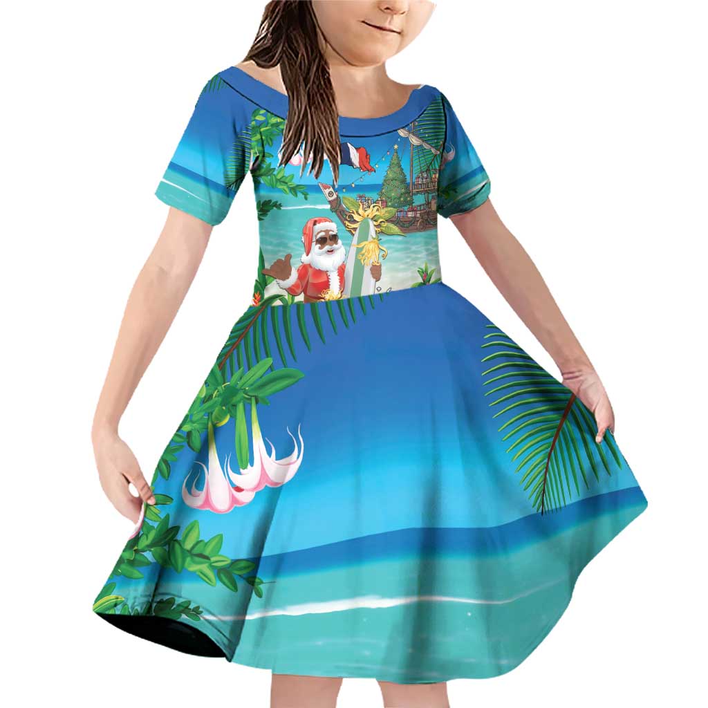 Mayotte Christmas Family Matching Off Shoulder Short Dress and Hawaiian Shirt Santa Chill on Tropical Beach - Wonder Print Shop
