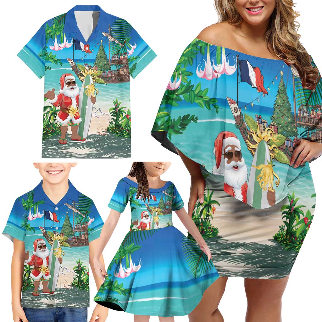 Mayotte Christmas Family Matching Off Shoulder Short Dress and Hawaiian Shirt Santa Chill on Tropical Beach - Wonder Print Shop