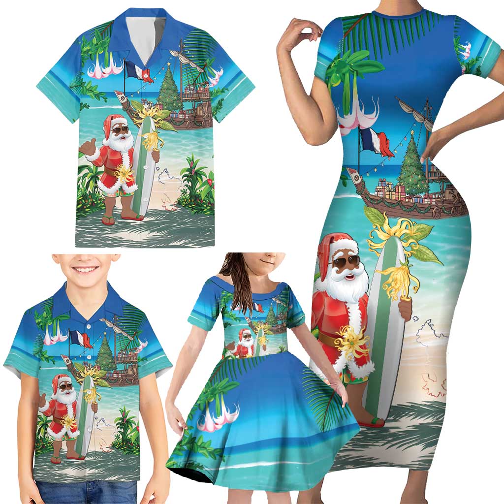 Mayotte Christmas Family Matching Short Sleeve Bodycon Dress and Hawaiian Shirt Santa Chill on Tropical Beach - Wonder Print Shop