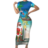 Mayotte Christmas Family Matching Short Sleeve Bodycon Dress and Hawaiian Shirt Santa Chill on Tropical Beach - Wonder Print Shop
