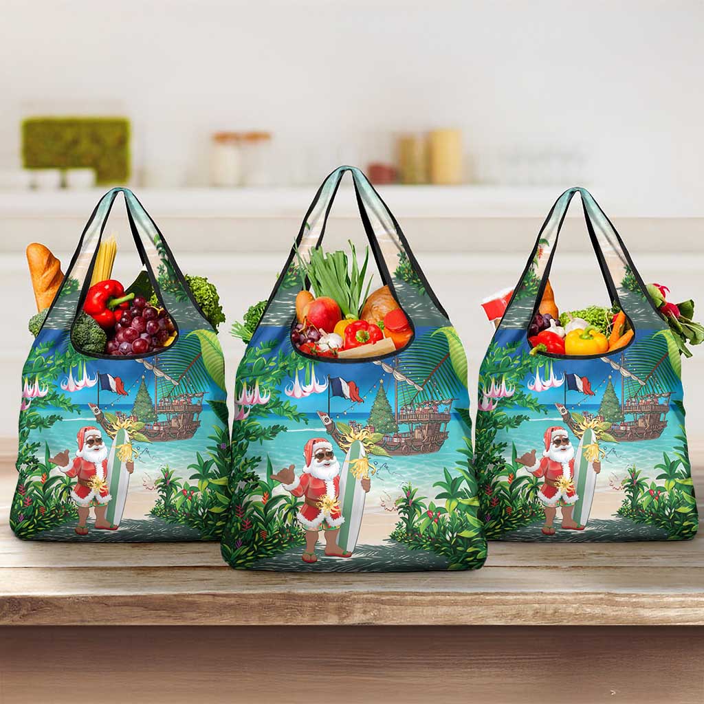 Mayotte Christmas Grocery Bag Santa Chill on Tropical Beach - Wonder Print Shop