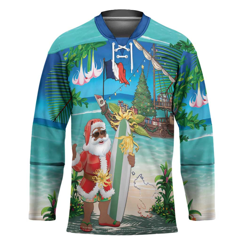 Mayotte Christmas Hockey Jersey Santa Chill on Tropical Beach - Wonder Print Shop
