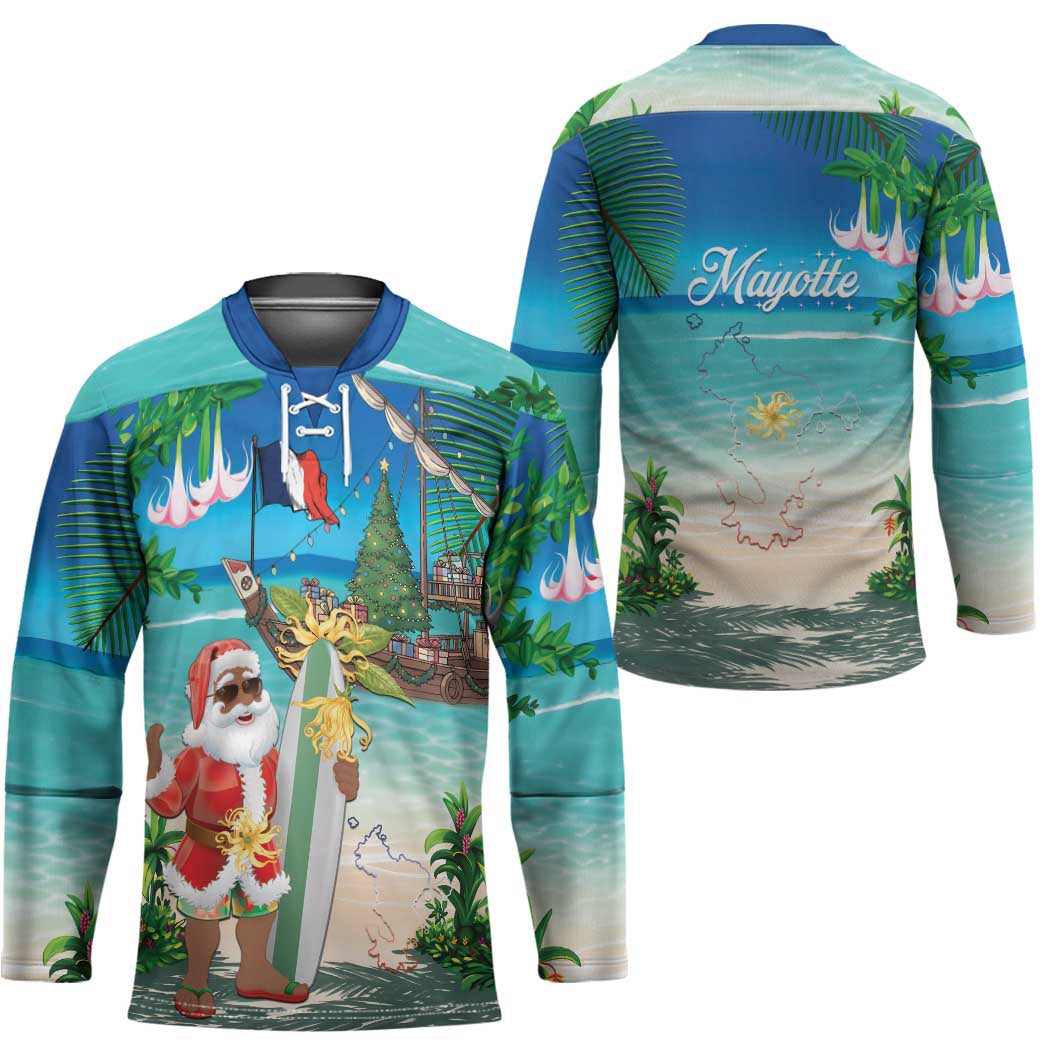 Mayotte Christmas Hockey Jersey Santa Chill on Tropical Beach - Wonder Print Shop