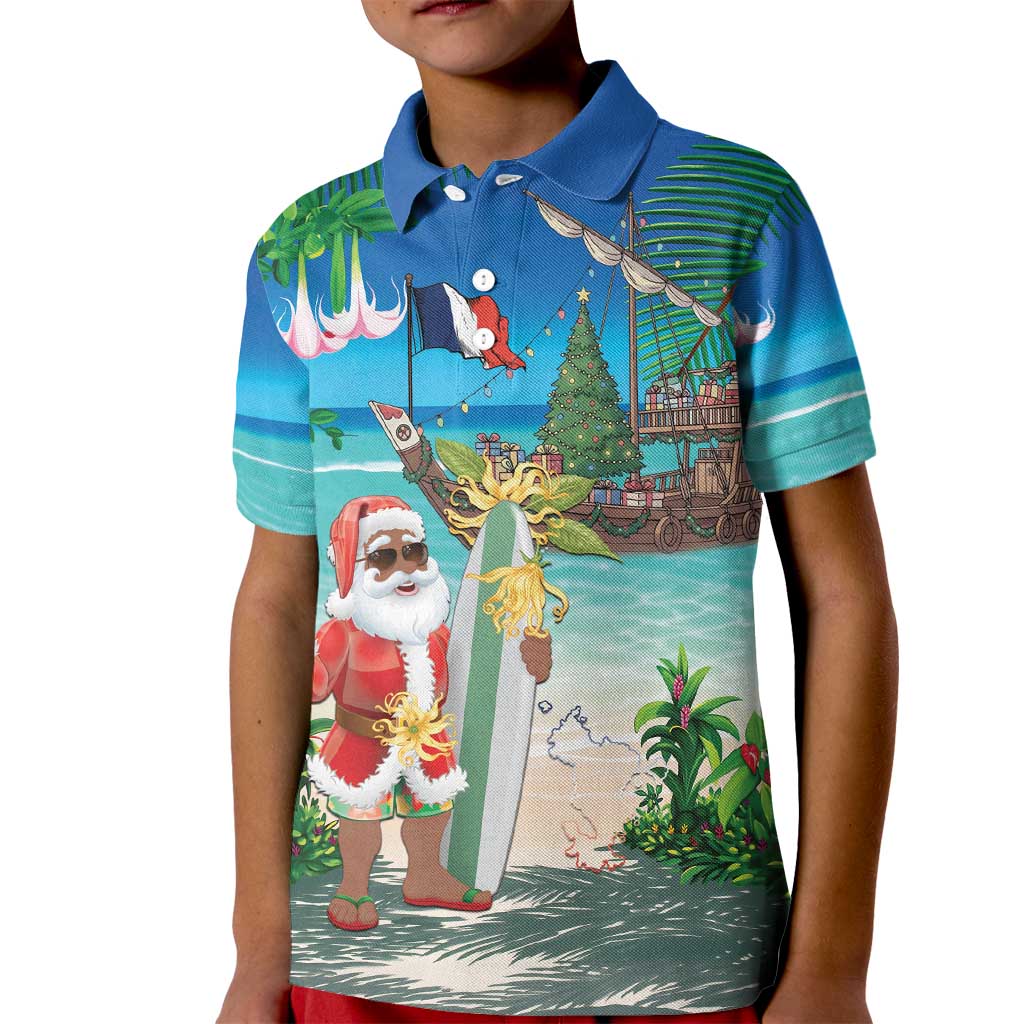 Mayotte Christmas Kid Polo Shirt Santa Chill on Tropical Beach - Wonder Print Shop