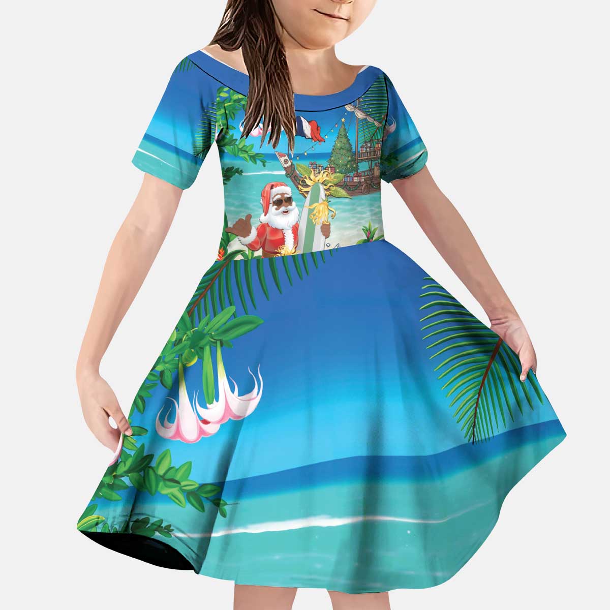 Mayotte Christmas Kid Short Sleeve Dress Santa Chill on Tropical Beach - Wonder Print Shop