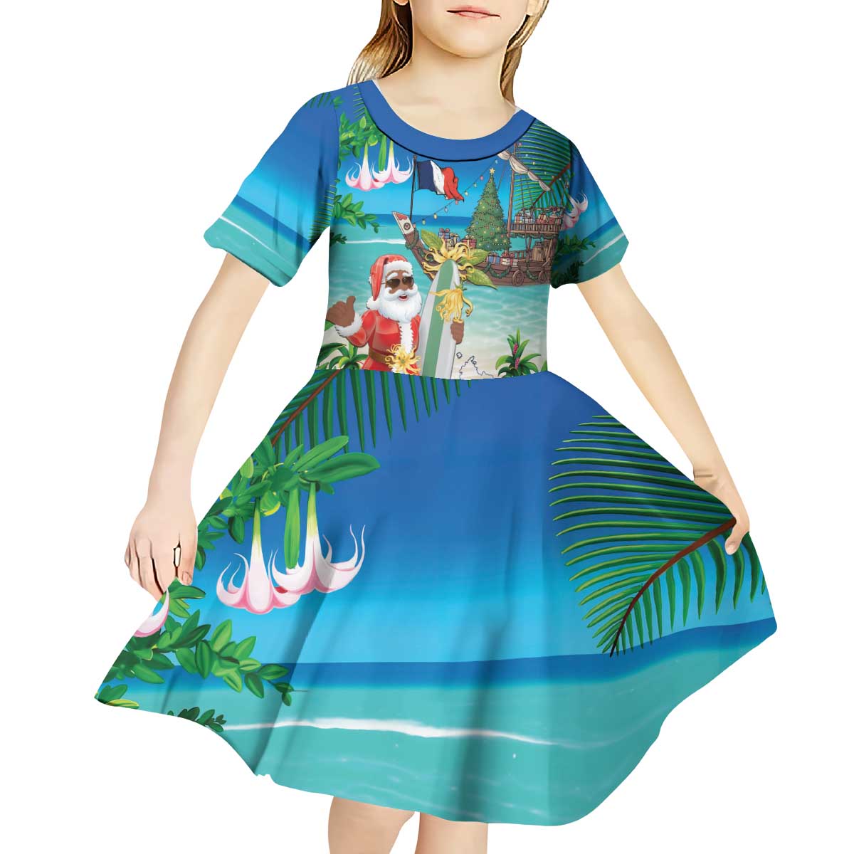 Mayotte Christmas Kid Short Sleeve Dress Santa Chill on Tropical Beach - Wonder Print Shop