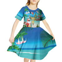 Mayotte Christmas Kid Short Sleeve Dress Santa Chill on Tropical Beach - Wonder Print Shop