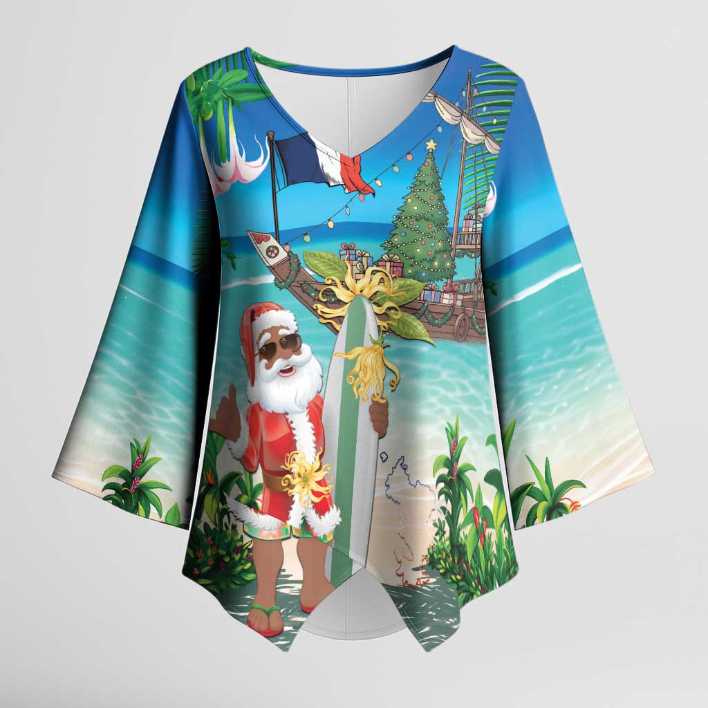 Mayotte Christmas Kimono Sleeve Blouse Santa Chill on Tropical Beach - Wonder Print Shop