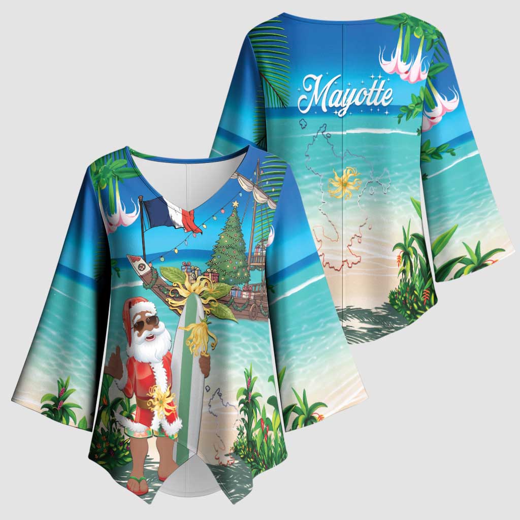 Mayotte Christmas Kimono Sleeve Blouse Santa Chill on Tropical Beach - Wonder Print Shop
