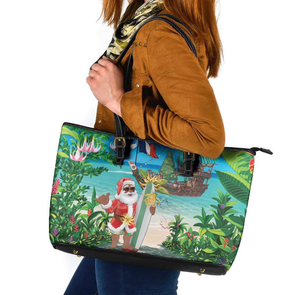 Mayotte Christmas Leather Tote Bag Santa Chill on Tropical Beach - Wonder Print Shop