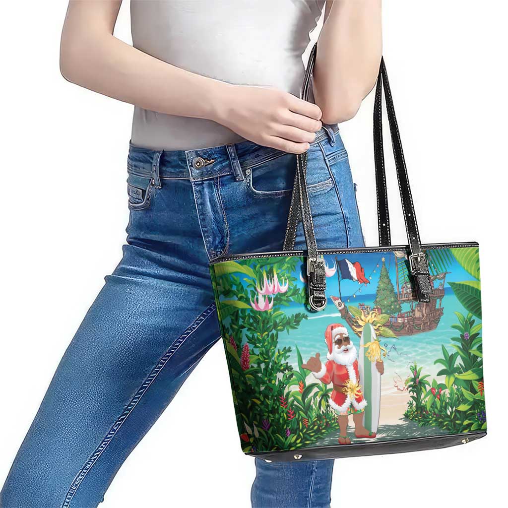 Mayotte Christmas Leather Tote Bag Santa Chill on Tropical Beach - Wonder Print Shop