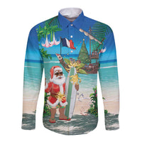 Mayotte Christmas Long Sleeve Button Shirt Santa Chill on Tropical Beach - Wonder Print Shop