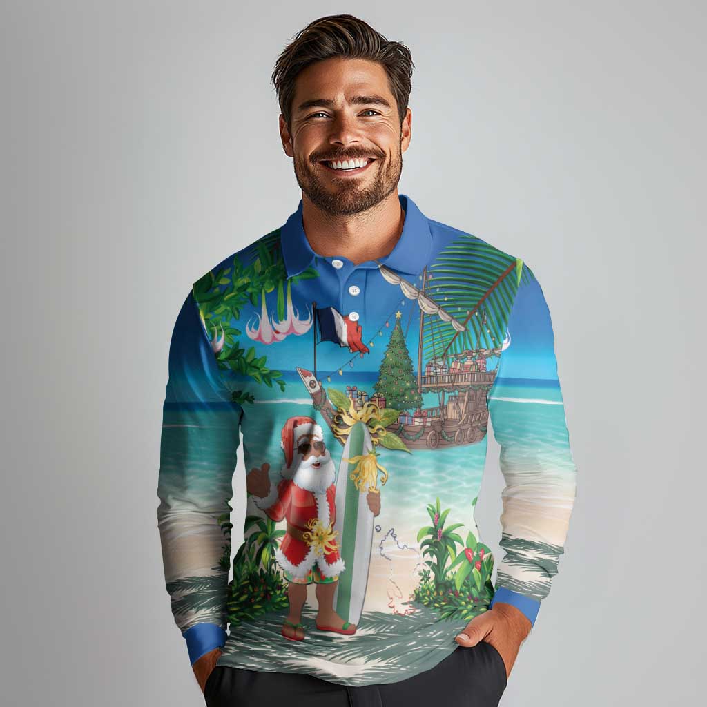 Mayotte Christmas Long Sleeve Polo Shirt Santa Chill on Tropical Beach - Wonder Print Shop