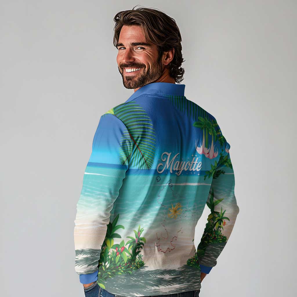 Mayotte Christmas Long Sleeve Polo Shirt Santa Chill on Tropical Beach - Wonder Print Shop