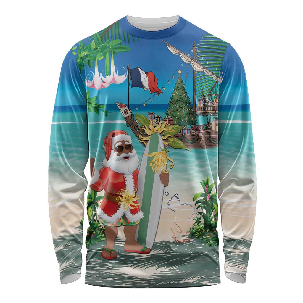 Mayotte Christmas Long Sleeve Shirt Santa Chill on Tropical Beach - Wonder Print Shop