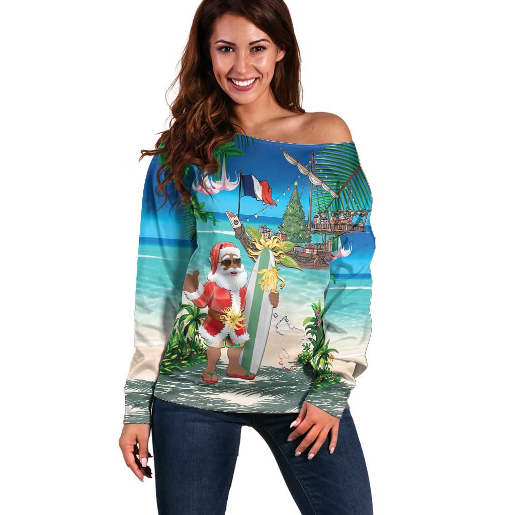 Mayotte Christmas Off Shoulder Sweater Santa Chill on Tropical Beach - Wonder Print Shop